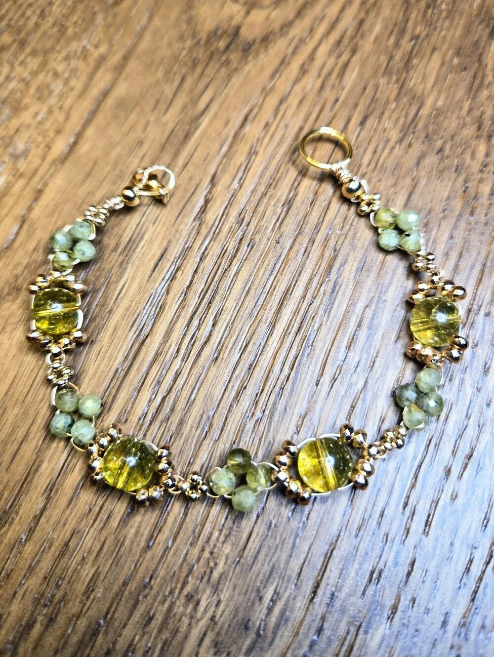 Handwoven Natural Peridot Stone Bracelet - Dainty Handmade Gold Bead Jewelry